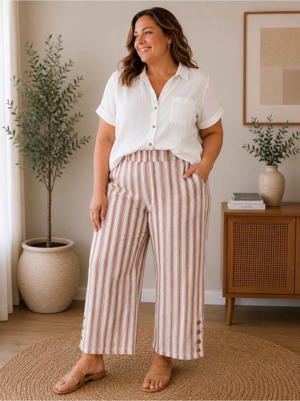 a.n.a Petite XXL Linen Cotton Blend Striped Capri Cropped‎ Pants Coastal Boho